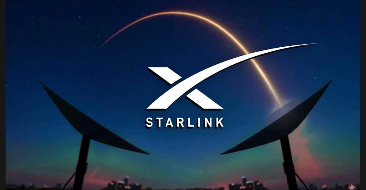 Starlink logo over a twilight sky with a glowing arc and silhouetted ground structures — BTV Antenna & Data in Coral Cove, QLD