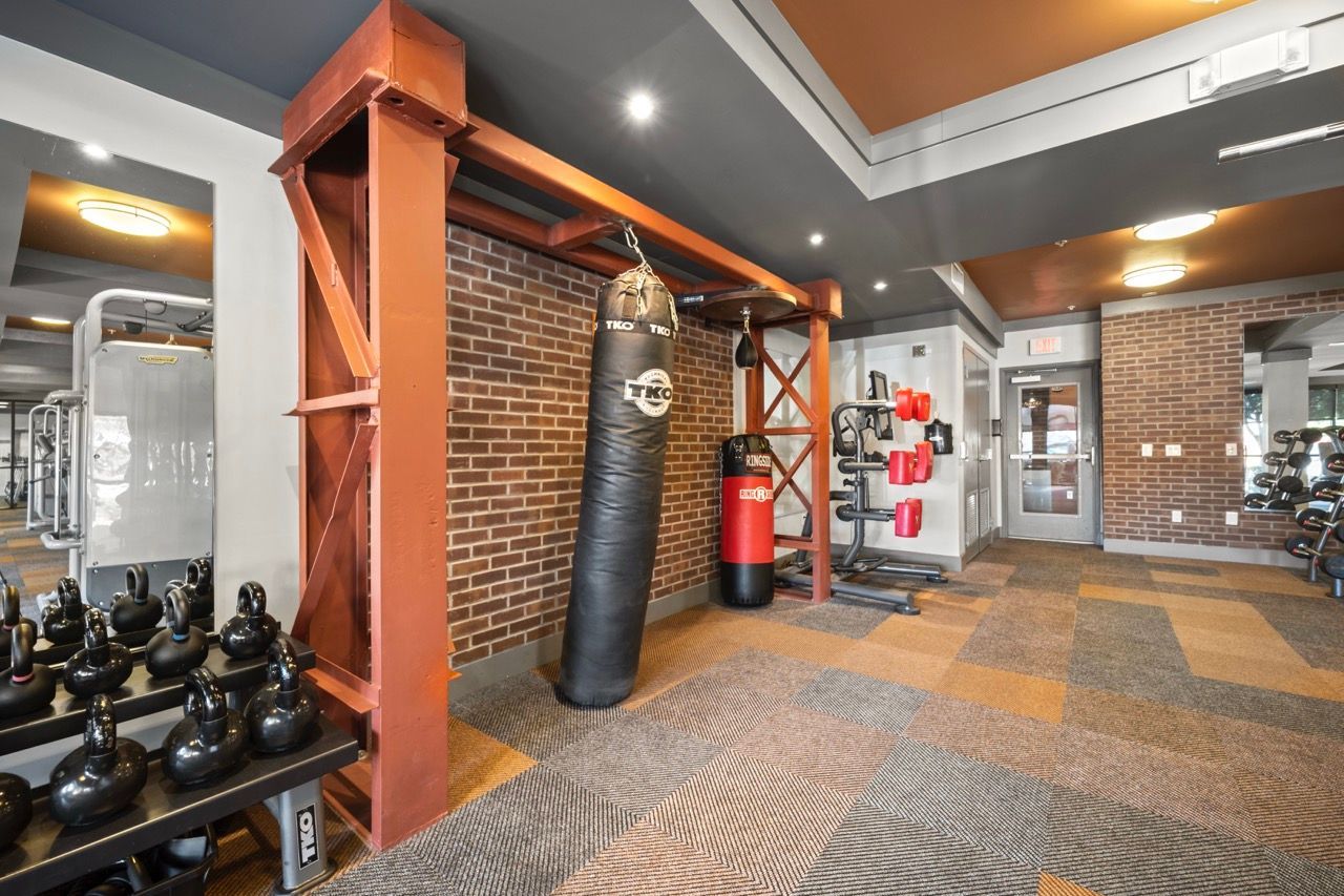 Indoor gym area with punching bag, kettlebells, and weight racks at Olympus Steelyard.