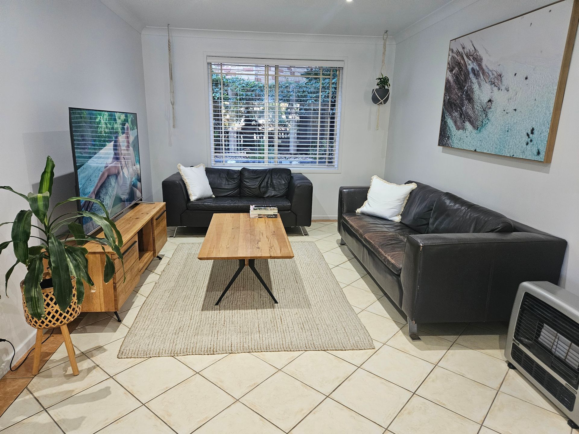 Bright living room with two dark sofas, coffee table, plants, rug, and window blinds.