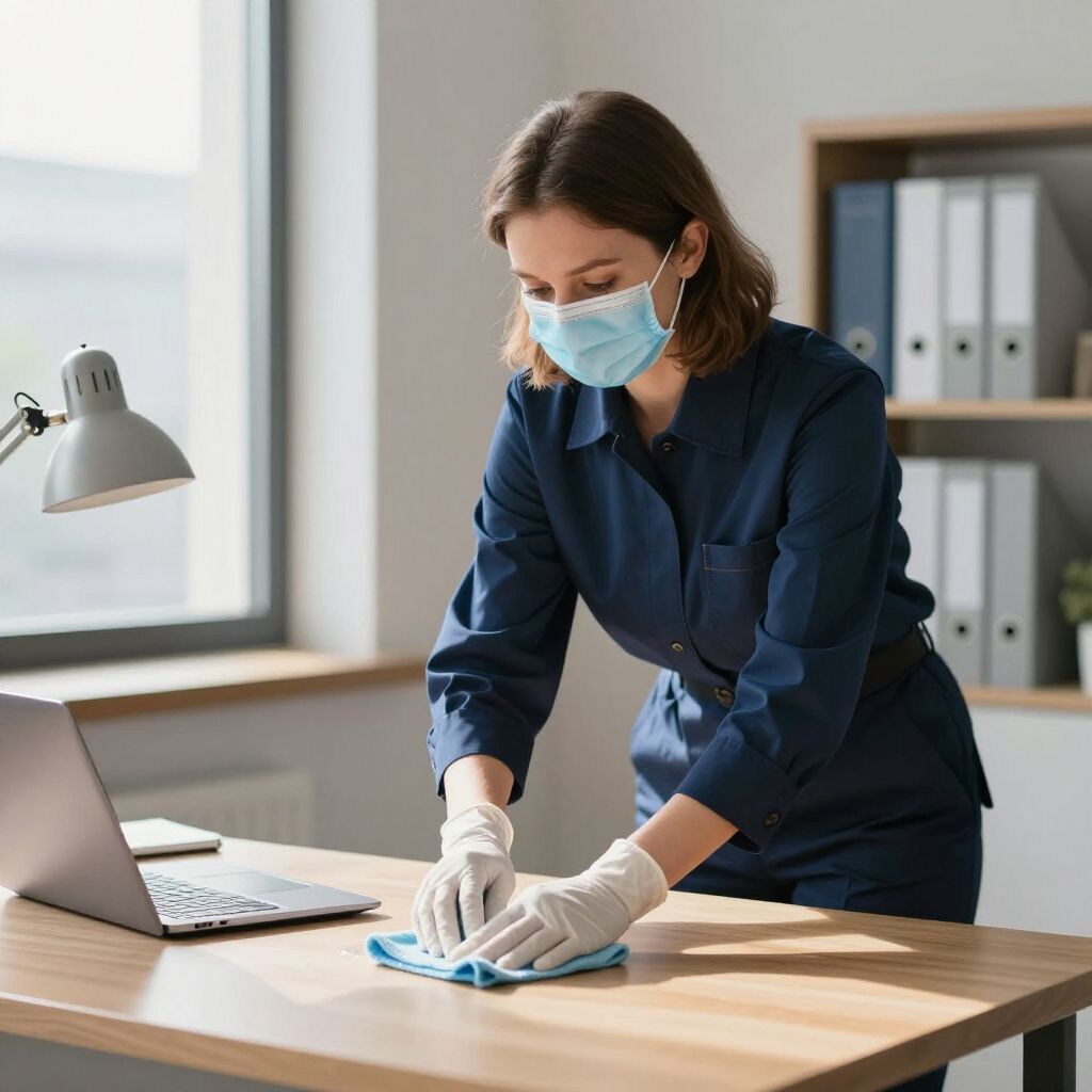 Person in a mask and gloves disinfecting a desk with a cloth beside a laptop in an office