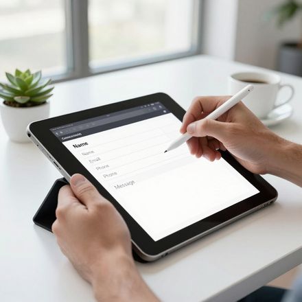 Hands using a stylus on a tablet at a bright desk with a plant and coffee cup