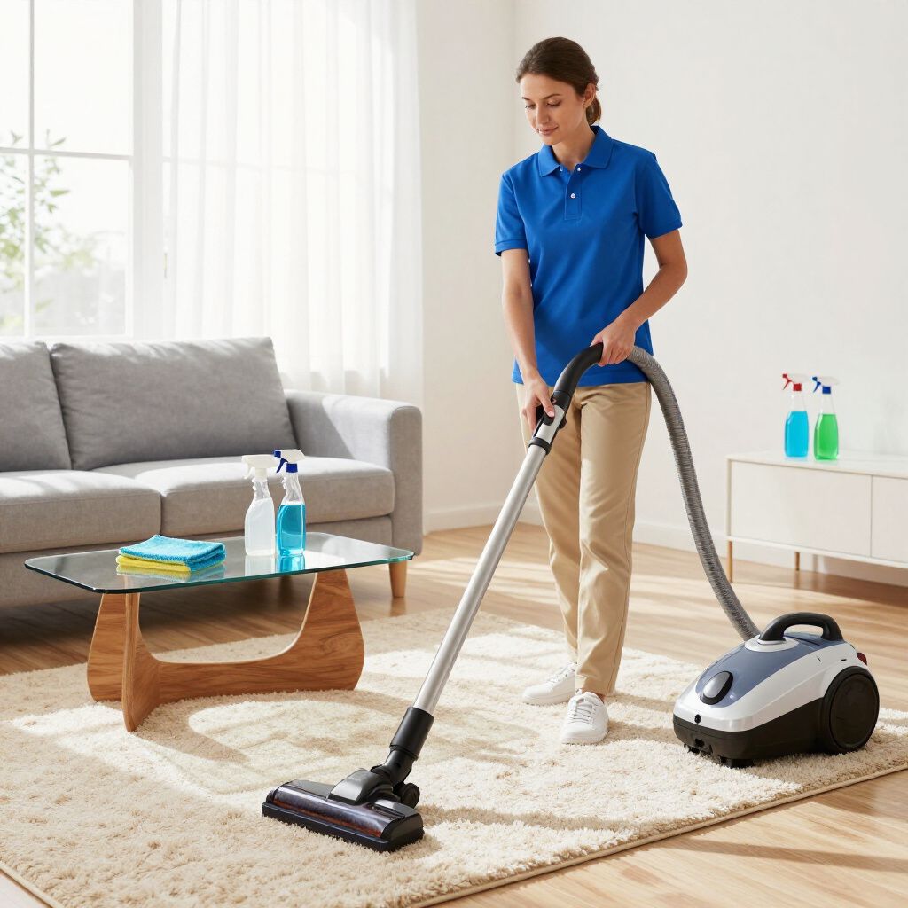 Person vacuuming a beige rug in a bright living room beside a gray sofa and glass coffee table