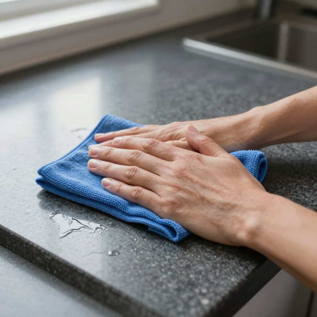 Hands wiping a gray kitchen countertop with a blue cloth near a sink