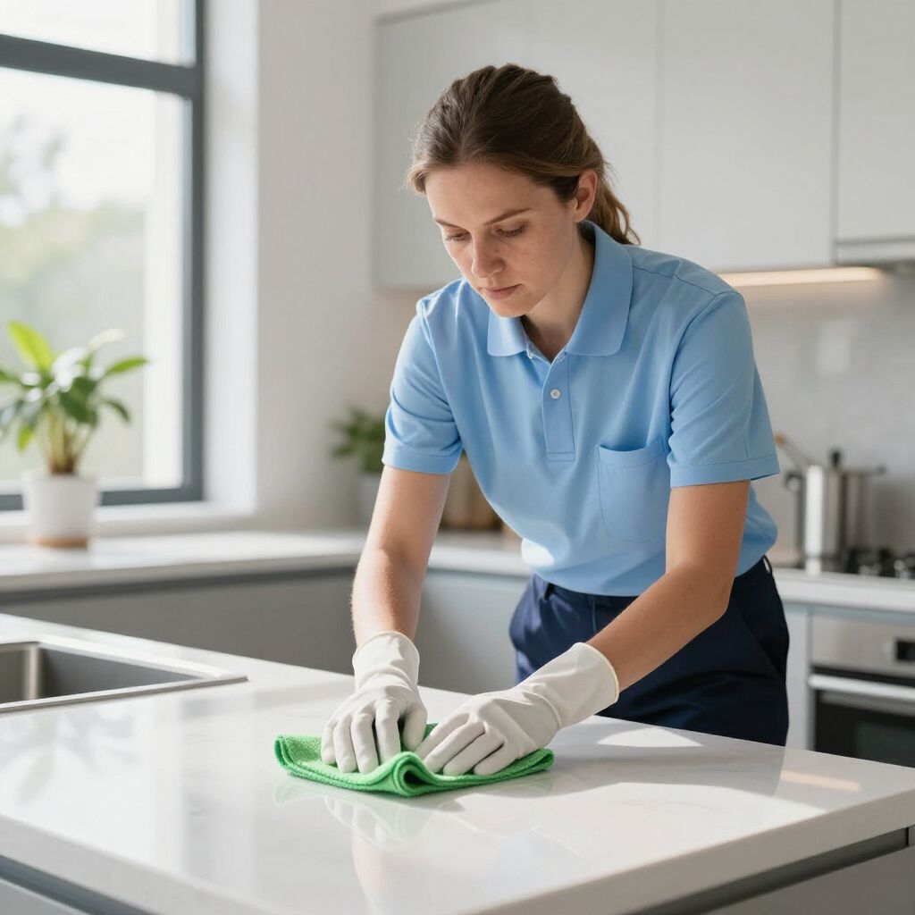 Person cleaning a white kitchen counter with a green cloth and gloves