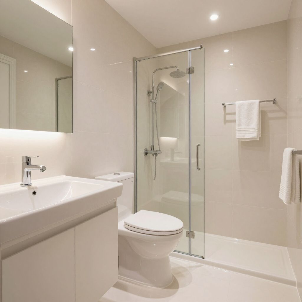 Modern beige bathroom with sink, toilet, glass shower, mirror, and towel rack