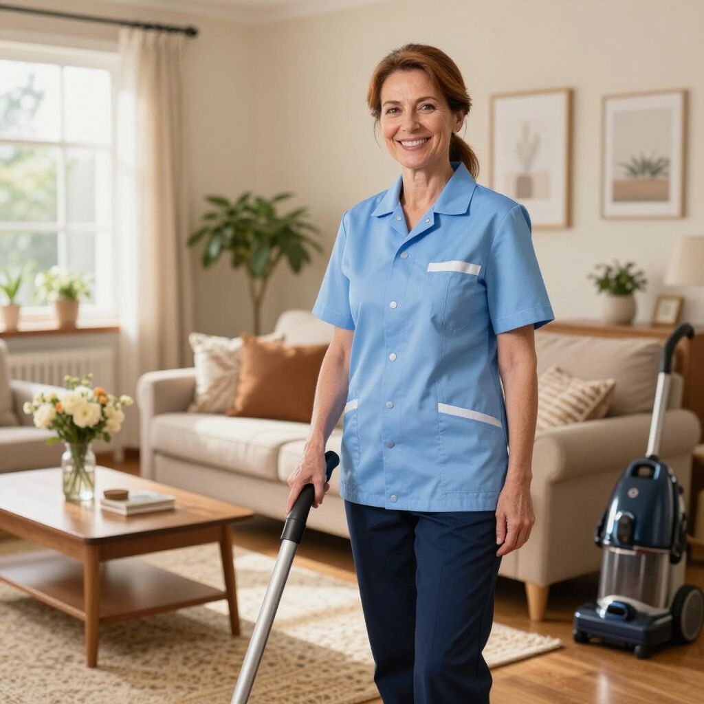 House cleaner in blue uniform vacuuming a tidy living room with a mop and cleaning supplies nearby