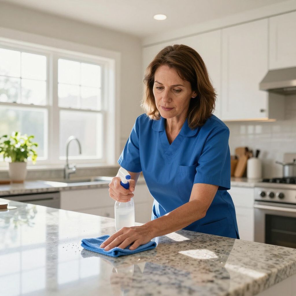 Woman in blue scrubs cleaning a kitchen countertop with spray and cloth