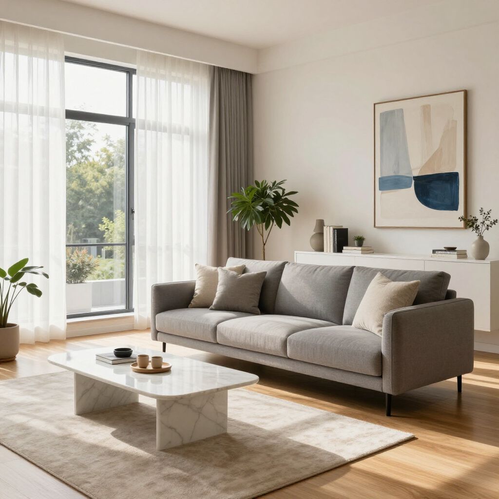 Bright modern living room with a gray sofa, marble coffee table, large window, and soft neutral decor