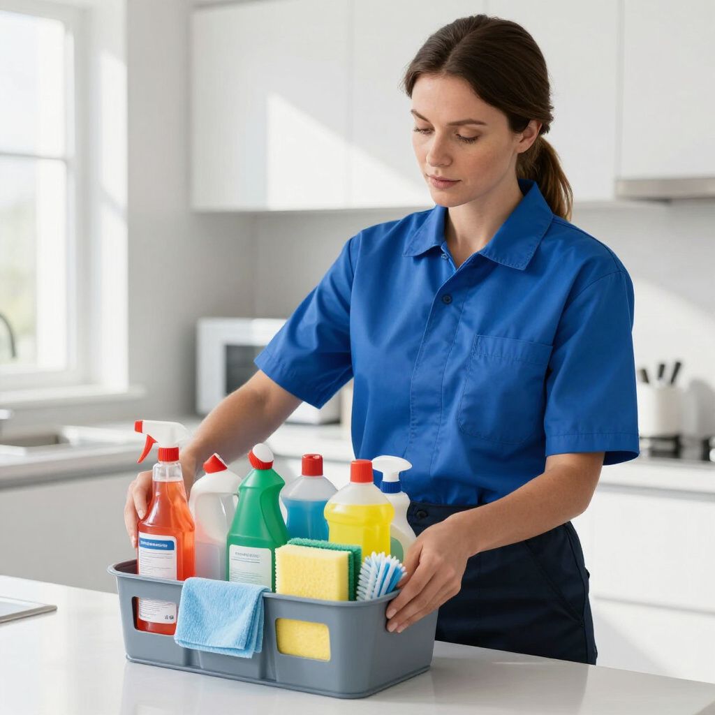 Cleaner in blue uniform carrying a caddy of spray bottles and cloths in a bright kitchen