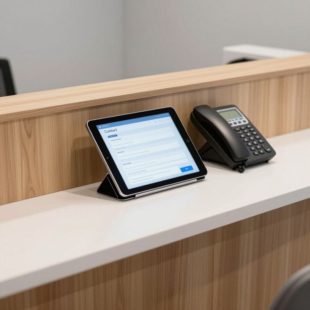 Tablet and office phone on a reception counter with a wooden divider