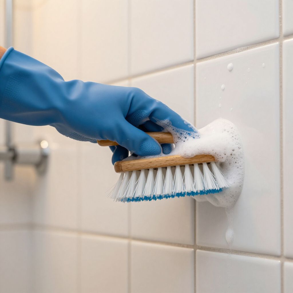Blue-gloved hand scrubbing white tiled wall with a soapy brush