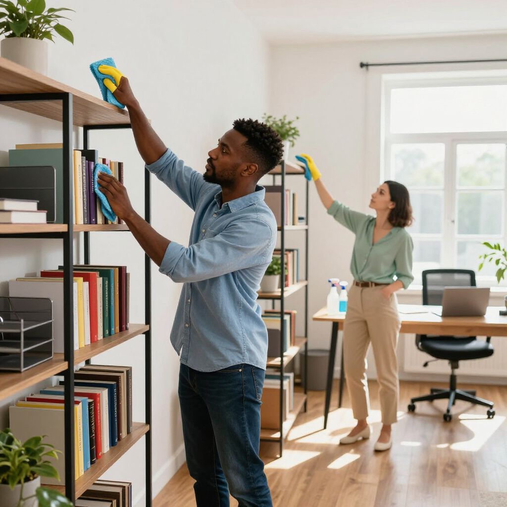 Two people cleaning bookshelves in a bright office with sunlight and an open window.