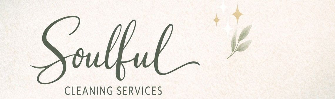Soulful Cleaning Services logo in elegant gray script with small gold sparkle and leaf accents on a light background