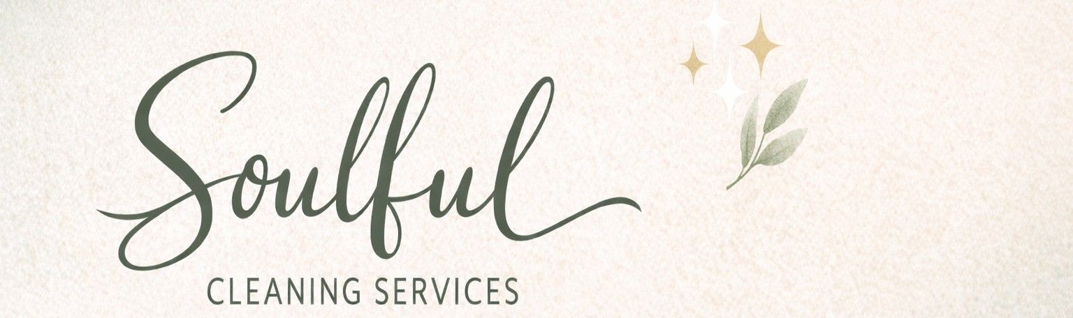 Soulful Cleaning Services logo in elegant gray script with small gold sparkle and leaf accents on a light background