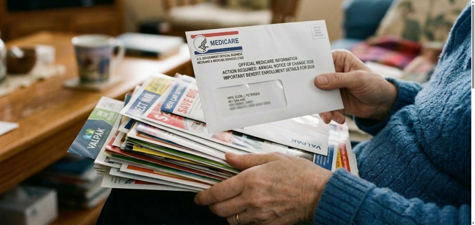 Older adult holding a stack of mail with a Medicare Annual Notice of Change envelope on top