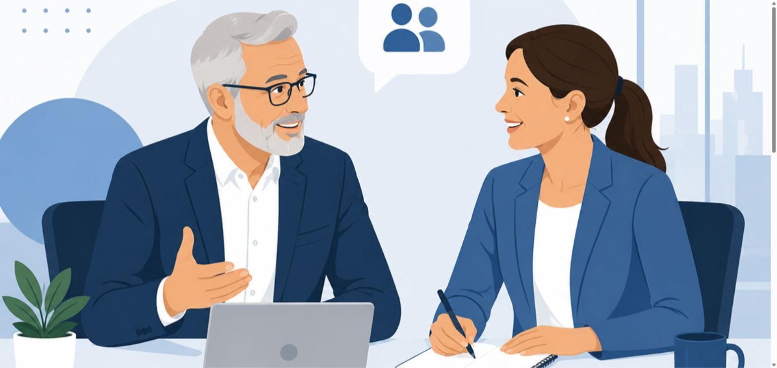 Illustration of two colleagues from different generations discussing benefits at an office desk