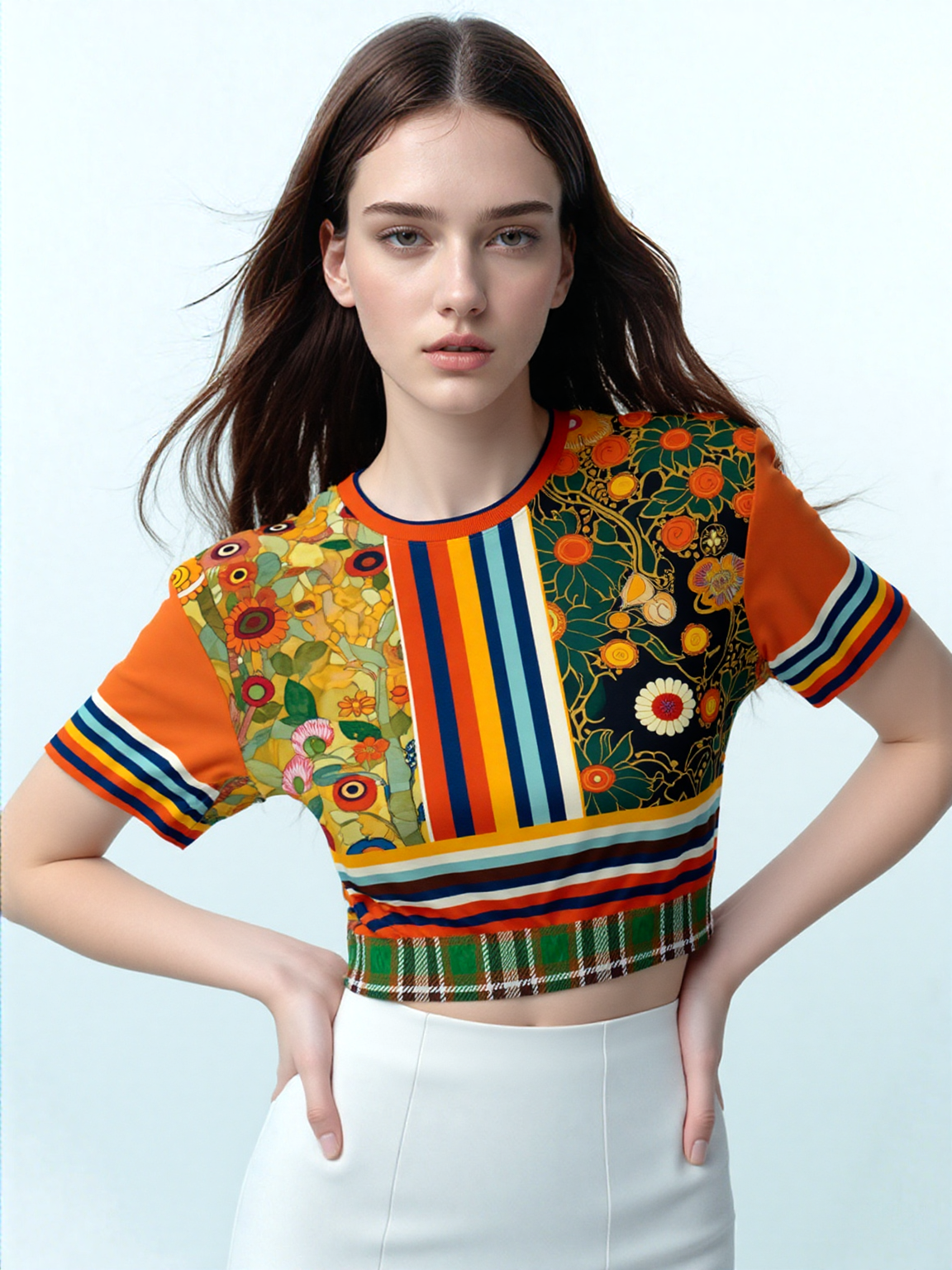 Woman wearing a colorful crop top with floral and striped patterns, paired with a white skirt.