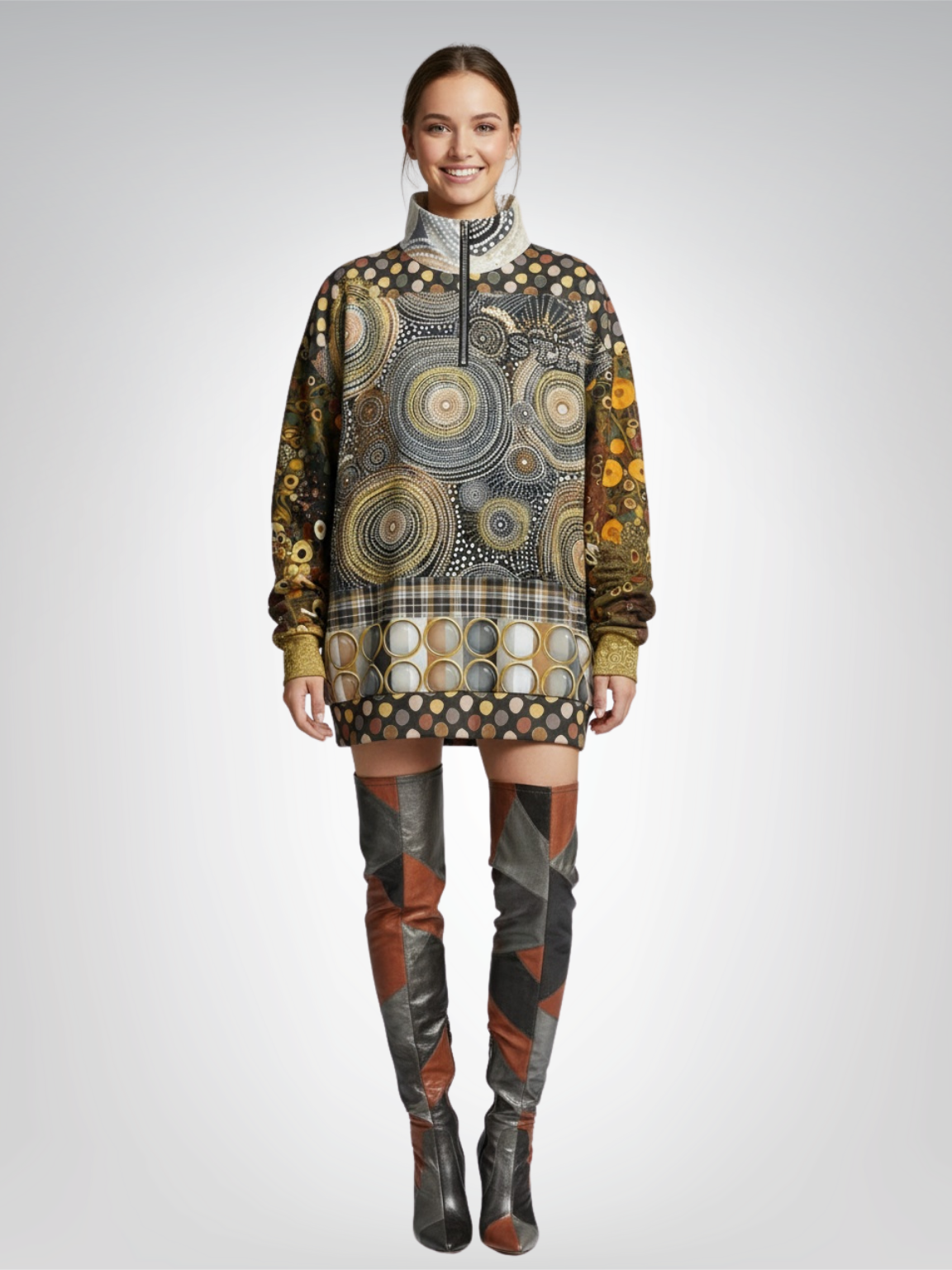 Woman in patterned sweatshirt dress and thigh-high patchwork boots, smiling.