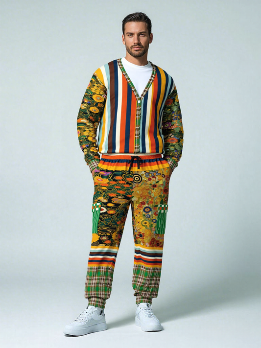 Man in colorful patterned cardigan and pants, white shirt, sneakers, hands in pockets.