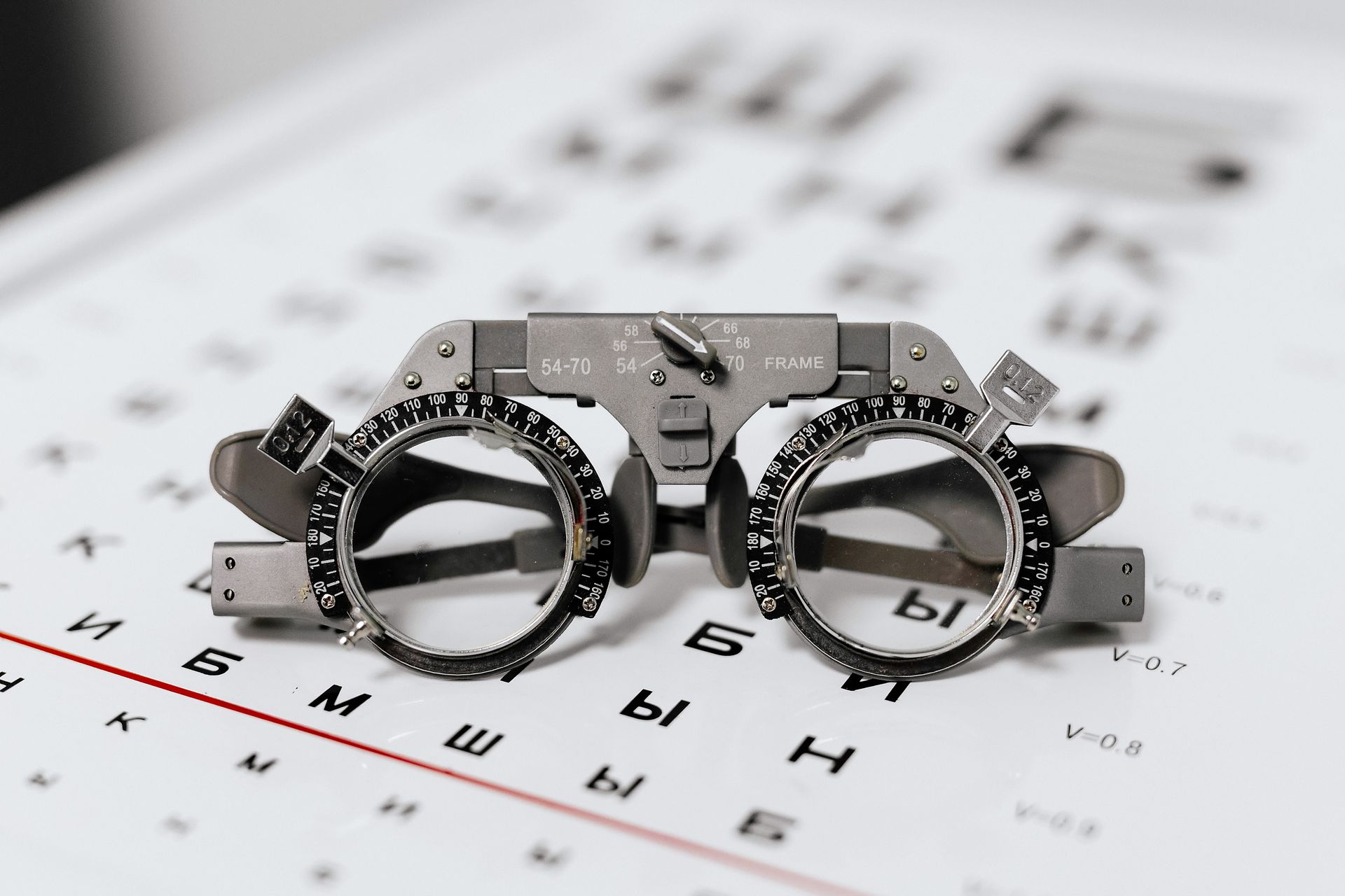 Trial frame and eye chart used during a comprehensive optometrist eye exam