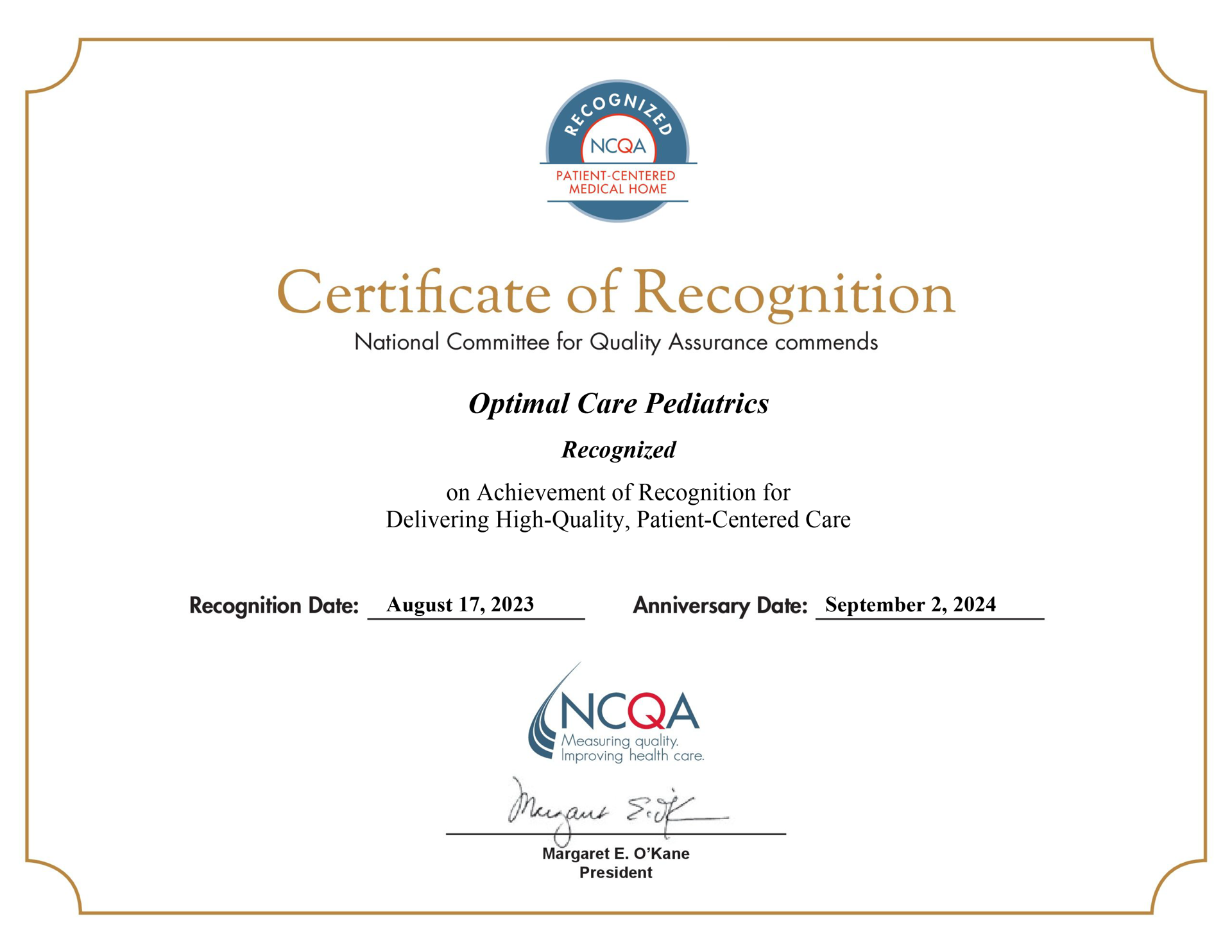 Certificate of Recognition for the National Committee for Quality Assurance - Optimal Care Pediatrics
