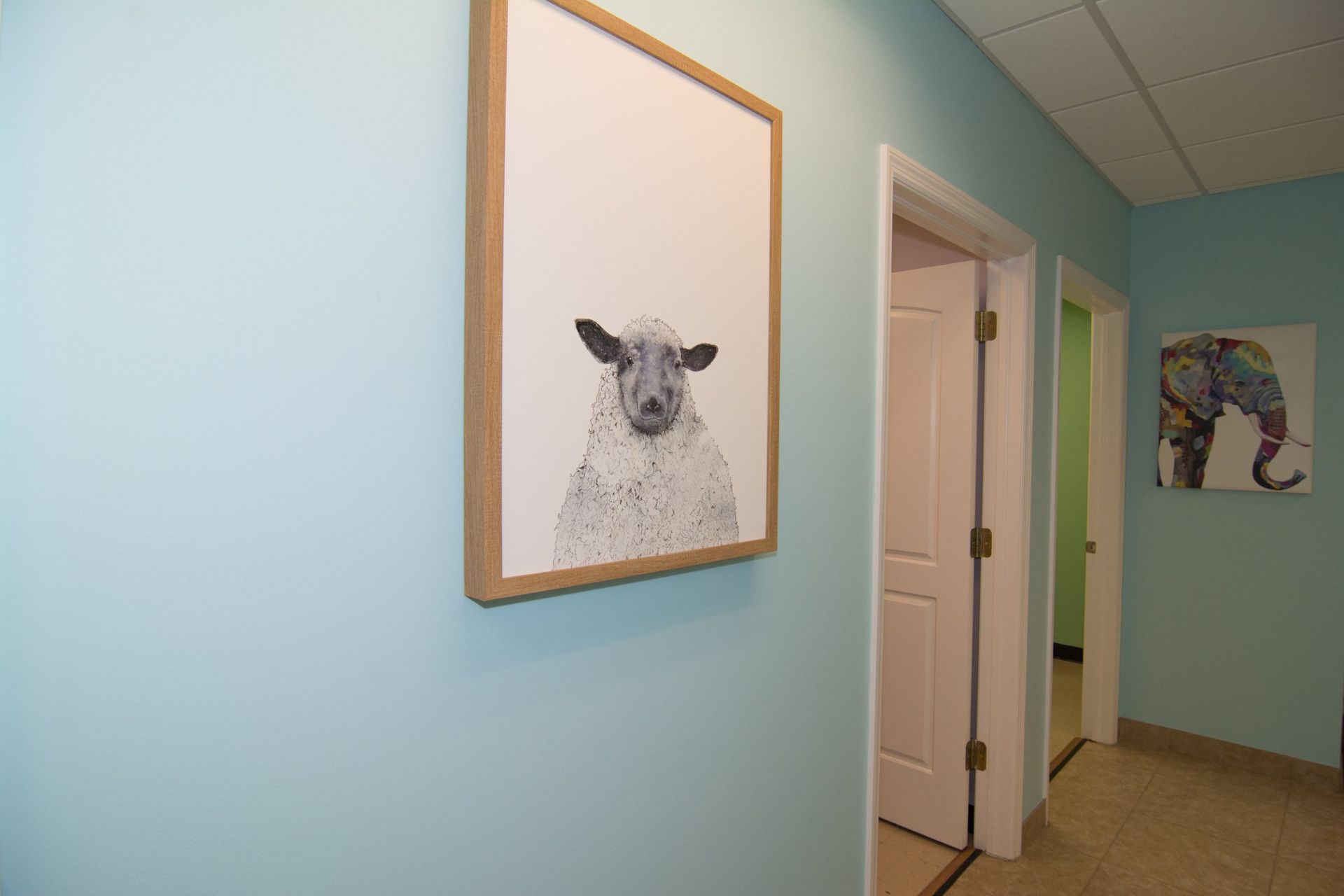 Photo of the lobby, light blue walls, pencil drawing of a sheep handing on the wall,  two doors on the farther left