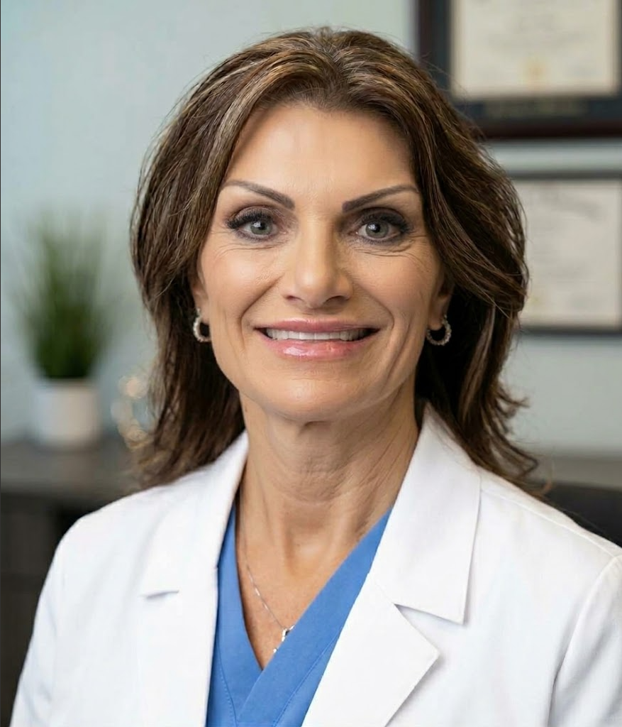 Portrait of a smiling medical professional in a white coat and blue scrubs, in an office setting