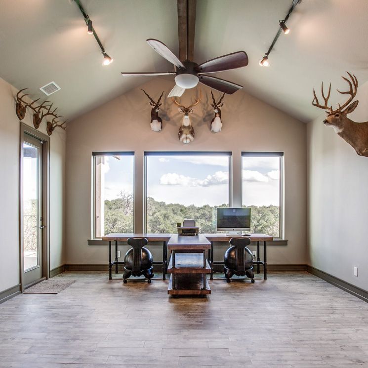 A room with a ceiling fan and a deer head on the wall