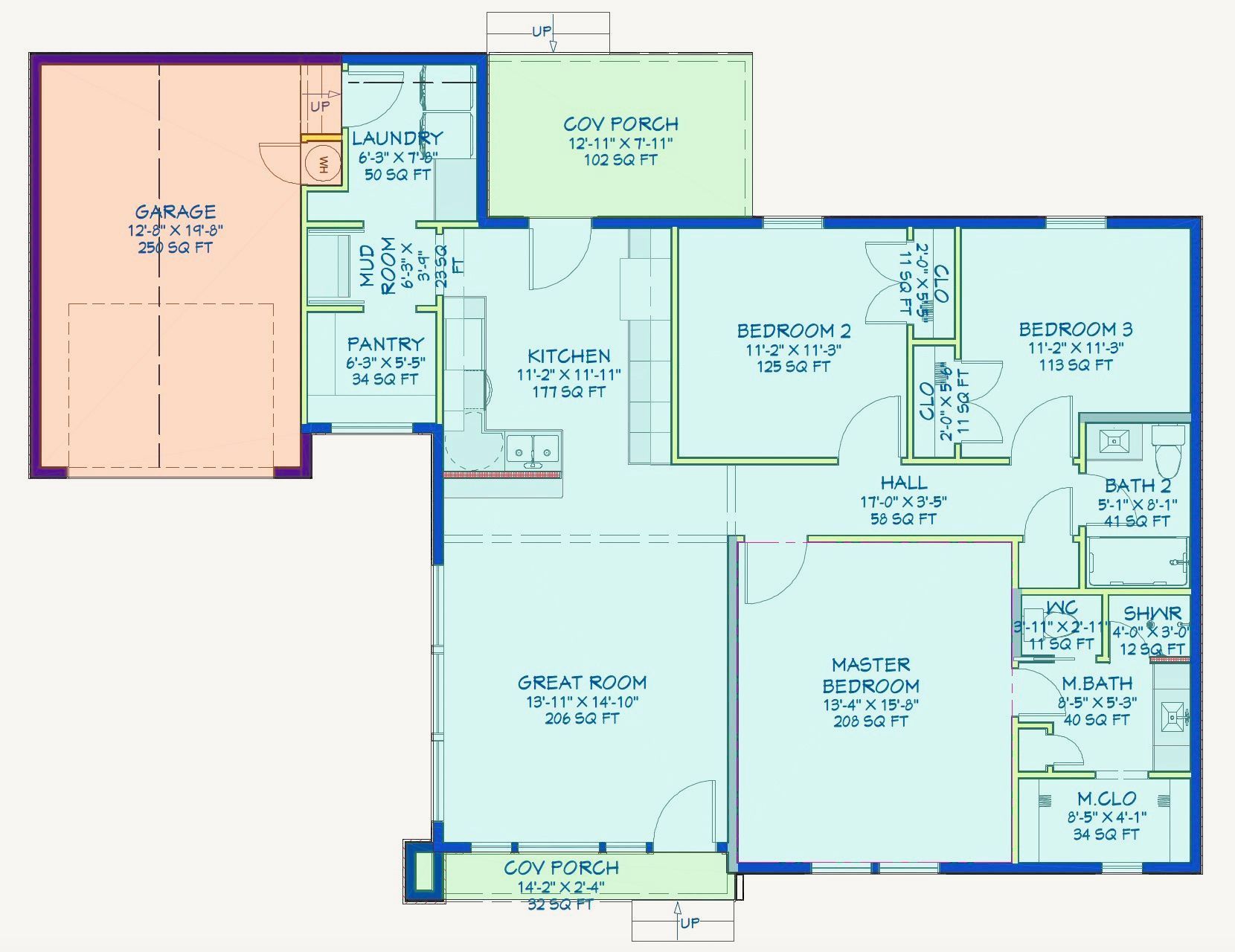 A blue and red floor plan of a house