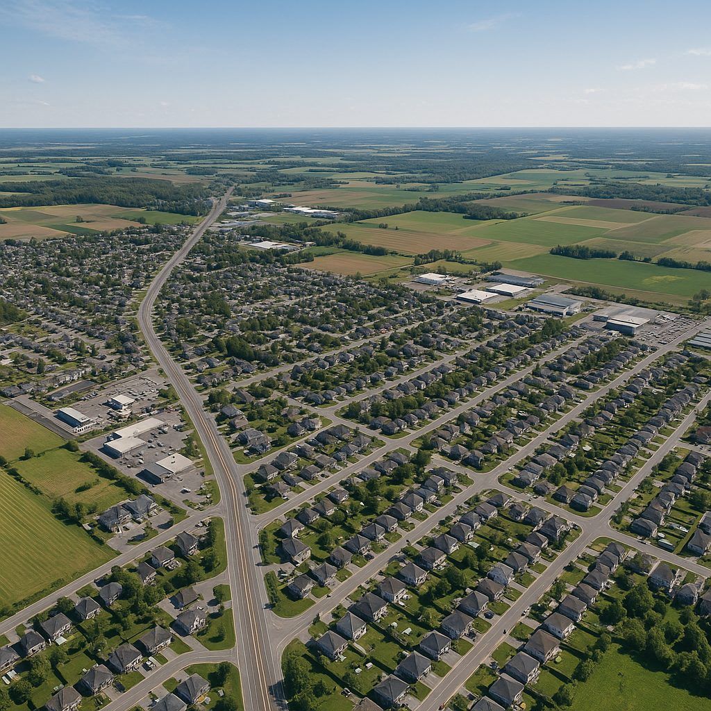 Vue aérienne d'un quartier de banlieue avec des rangées de maisons, des routes et des terres agricoles au loin.