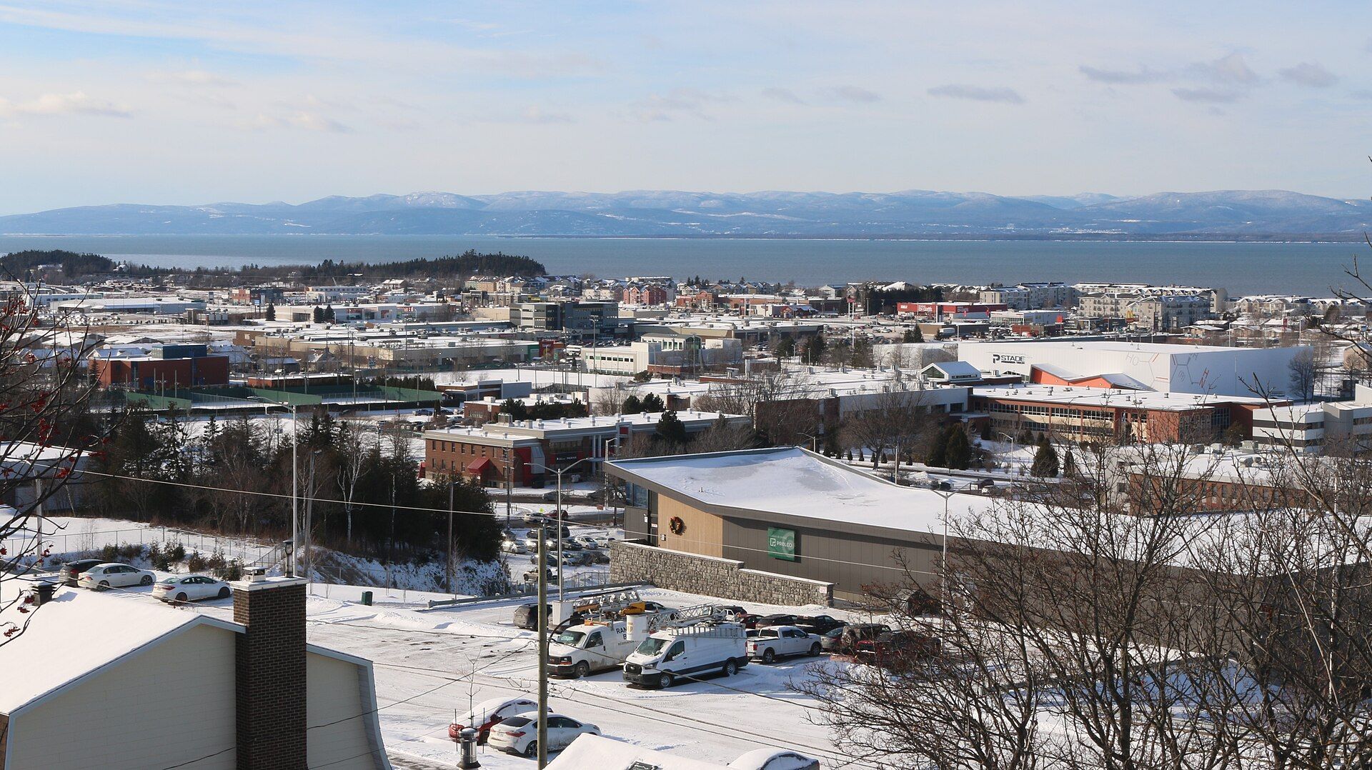 Vue aérienne de champs agricoles verdoyants et dorés jouxtant un quartier résidentiel et des zones boisées.