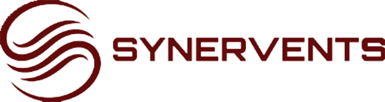 Logo Synervents avec icône en spirale bordeaux et nom de marque sur fond blanc