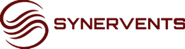 Logo Synervents avec icône en spirale bordeaux et nom de marque sur fond blanc