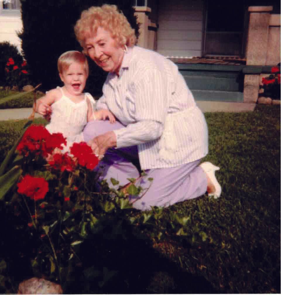 Eloise Midghall, with a  young relative, 1985