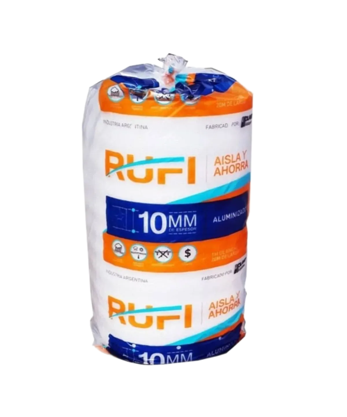 Rollo de aislante RUFÍ, color blanco con etiquetas azules y naranjas. Se ve 