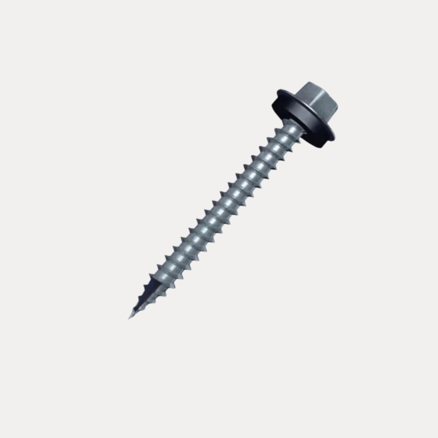 Tornillo para techos de metal con cabeza hexagonal y arandela negra.