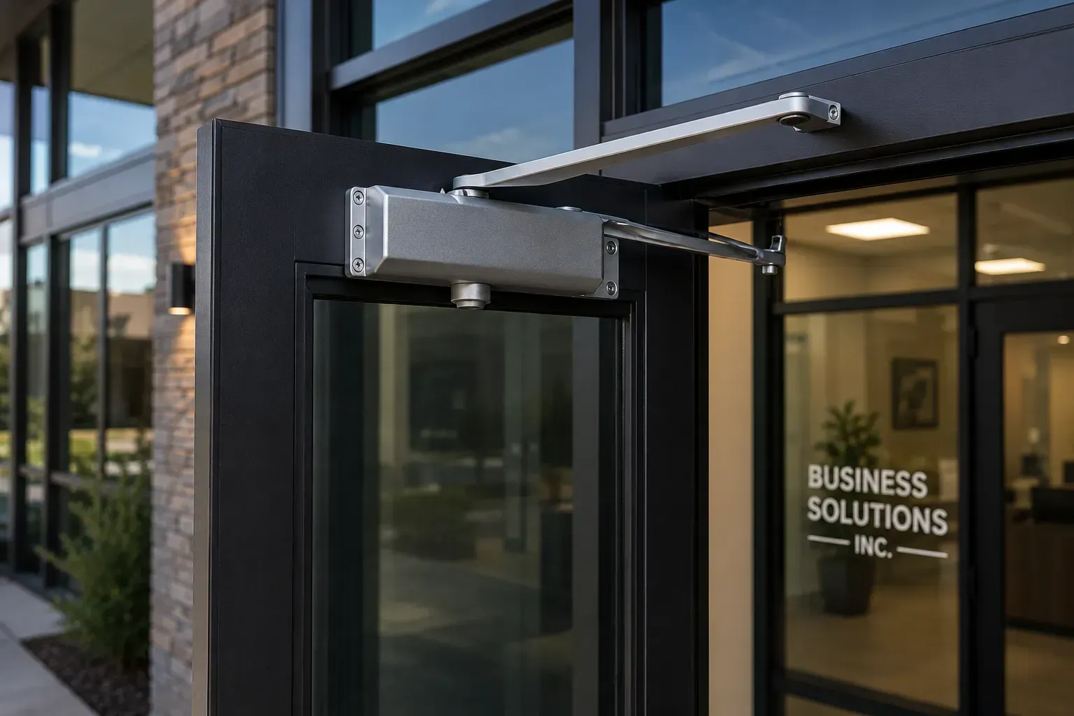 Commercial door closer on a glass office entrance for business door closer repair in Denver CO.