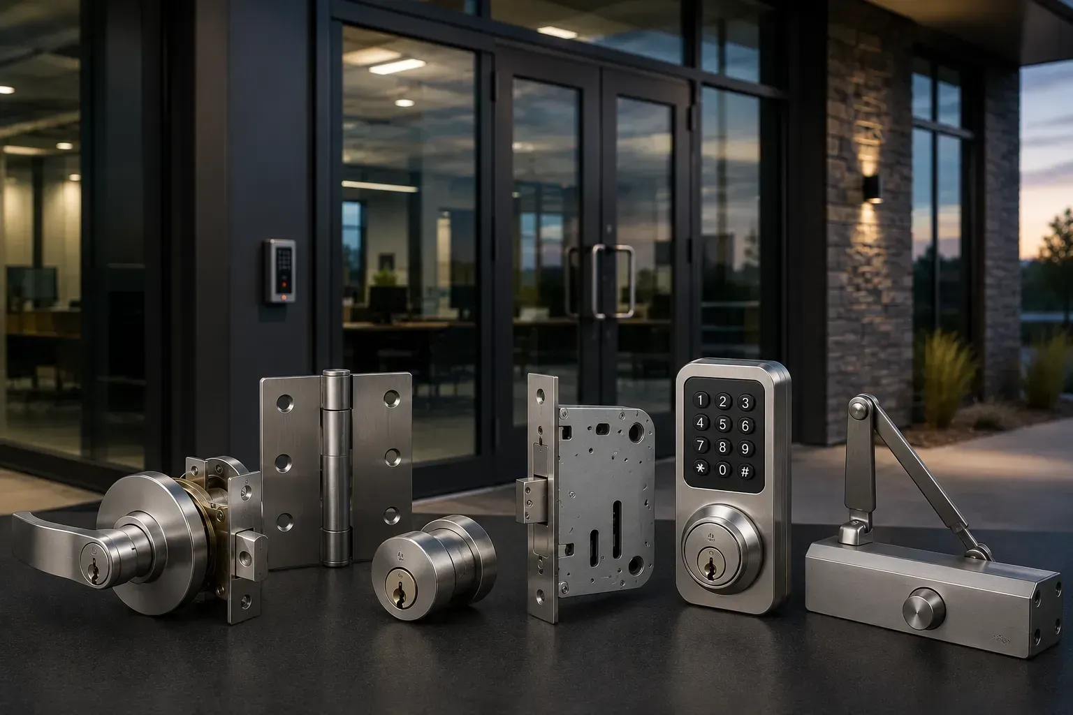 Commercial locksmith hardware with keypad lock, mortise lock, door closer, hinges, lock cylinders, and lever handle outside a business entrance in Denver CO.