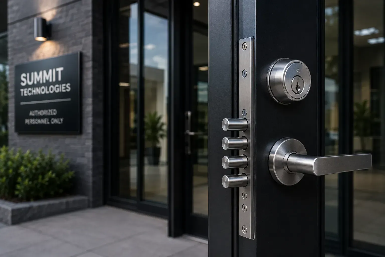 High-security commercial lock with reinforced door hardware on a business entrance in Denver CO.