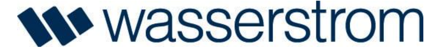 Logo of wasserstrom, with a dark blue abstract shape on the left and text on the right.