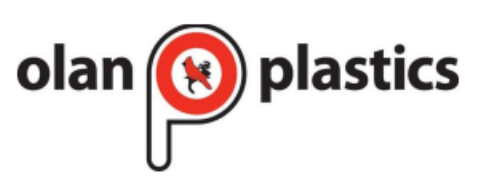 Logo for Olan Plastics, black text, with a red circle containing a bird icon.