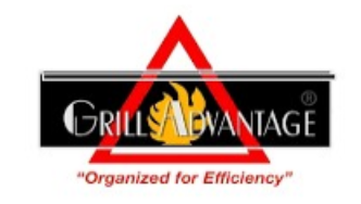Grill Advantage logo: black banner with text, red triangle, and flame graphic.