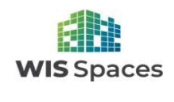 Logo for WIS Spaces: Abstract pixelated building in shades of green and blue, text