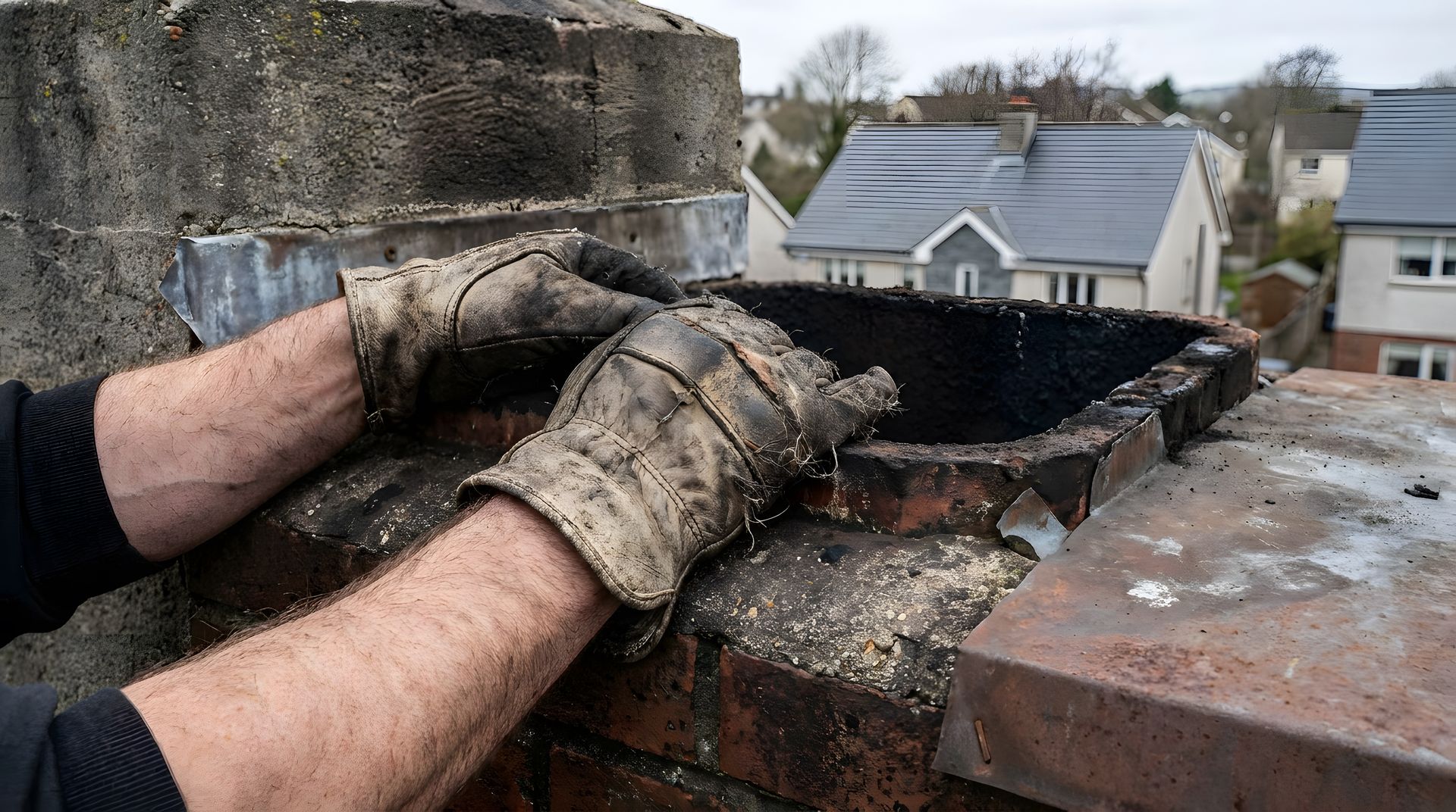 Gloved hands of chimney sweeps gripping a soot-stained flue opening above a tiled rooftop skyline. Gloved hands of chimney sweeps gripping a soot-stained flue opening above a tiled rooftop skyline.