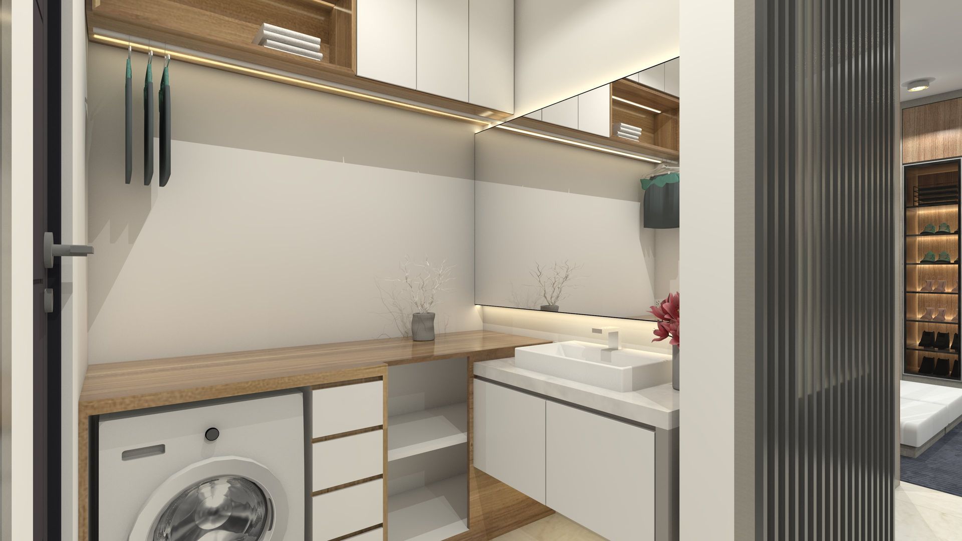 Laundry room with white cabinets, a washer, and wooden countertops.