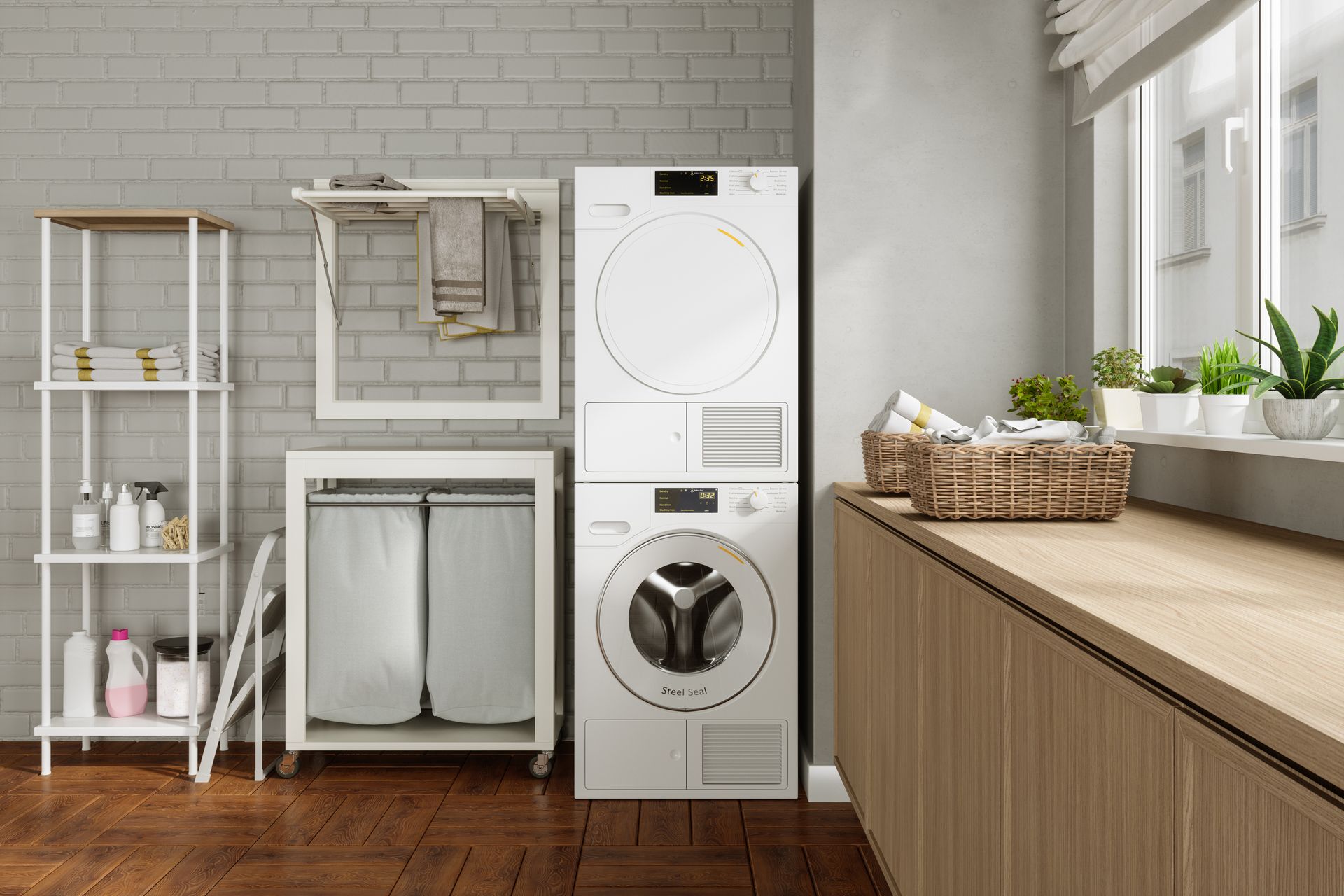 Laundry room with stacked washer and dryer, shelves, drying rack, basket, and window.