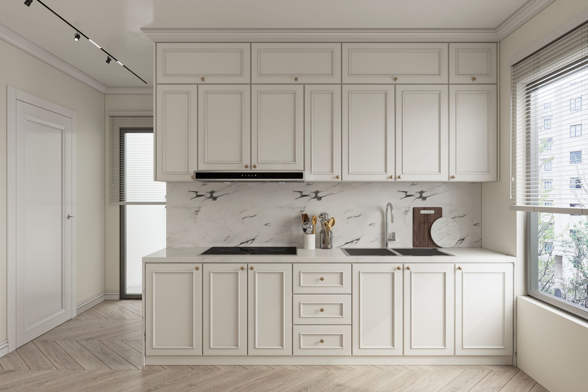 White kitchen cabinets with marble backsplash, sink, stove, and window.
