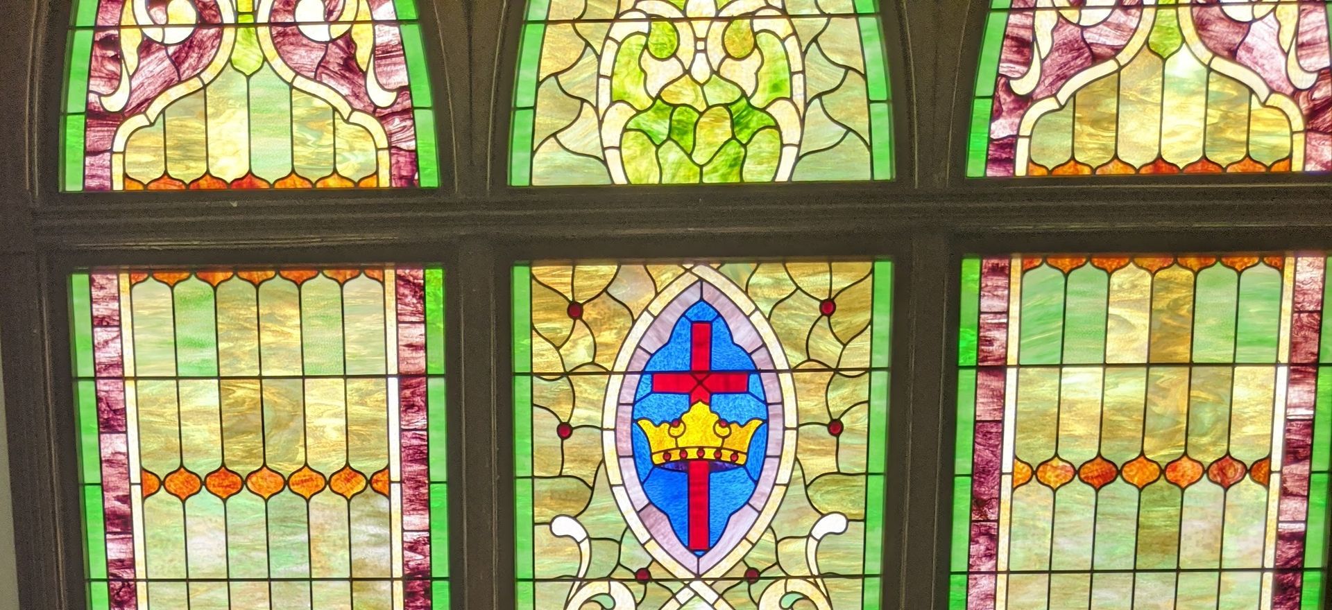 Stained glass window inside New Lyme Baptist Church