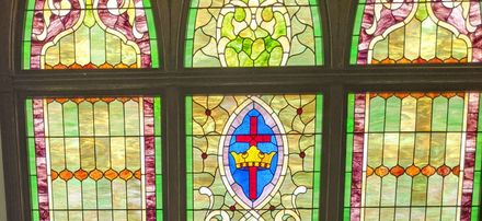 Stained glass window inside New Lyme Baptist Church