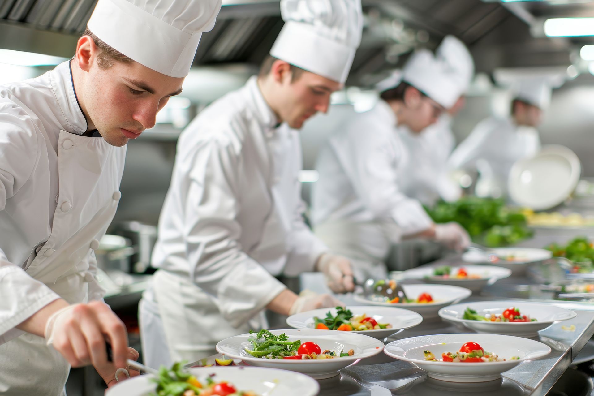 Chefs plating colorful dishes in a busy commercial kitchen with stainless steel counters